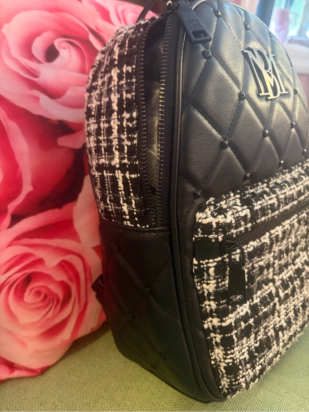 Badgley Mischka Black Quilted Backpack with Black-and-White Tweed Pocket - Picture 5 of 7